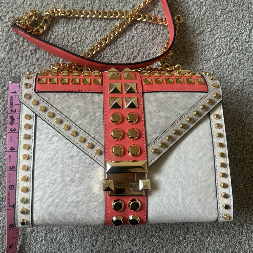 Michael Kors White and Pink Studded Shoulder Bag